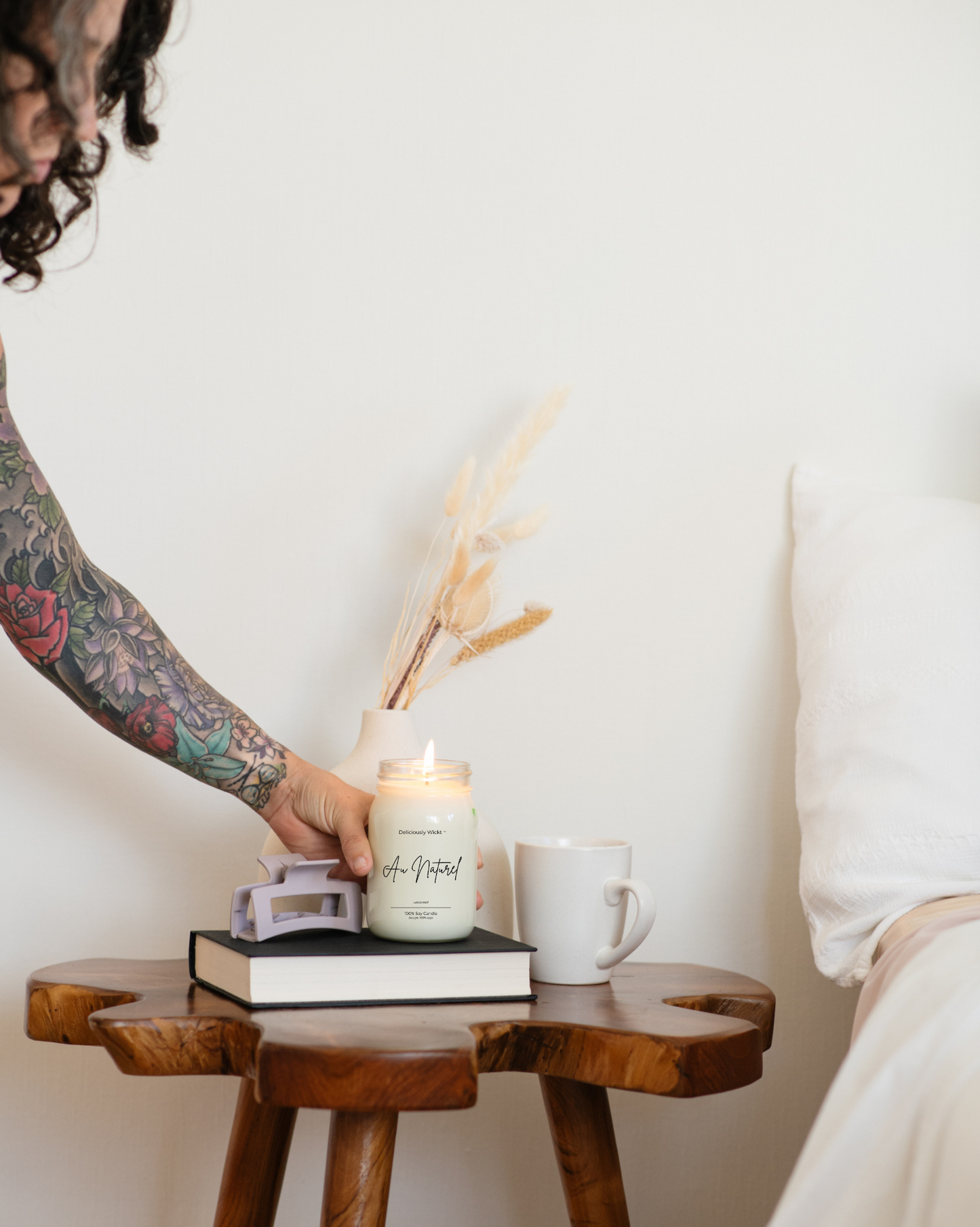 Au Naturel unscented soy candle in a clear mason jar styled in a neutral home setting