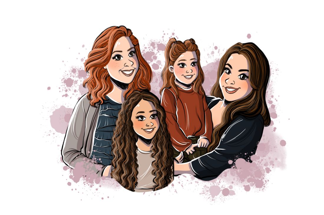 The Deliciously Wickt cartoon family on a pink background.