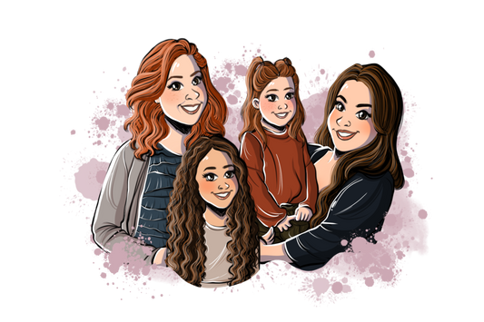 The Deliciously Wickt cartoon family on a pink background.