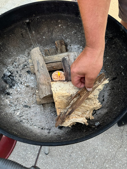 Person holding wood over a fire pit with burning logs inside, using firestarter pods
