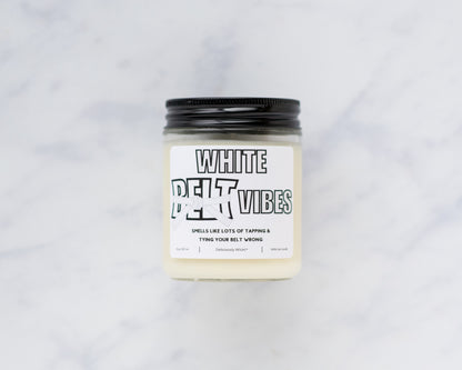 White Belt Vibes Jiu-Jitsu soy candle on a marble background