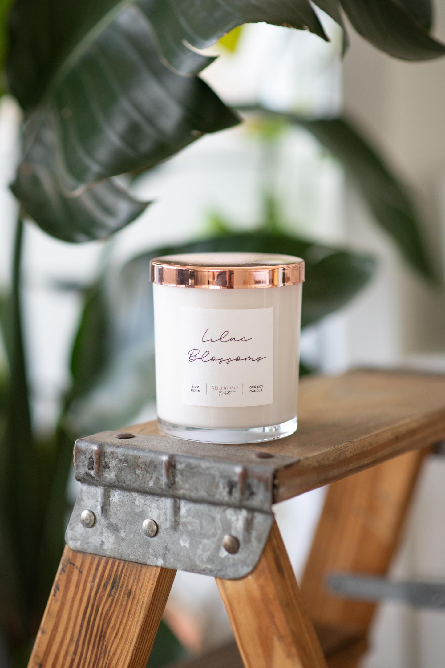 Deliciously Wickt glossy white 8 oz soy candle with rose gold lid displayed on a wooden ladder beside green plants.