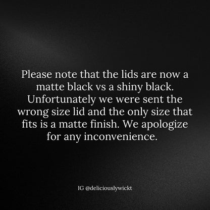 NOIR candle notice explaining that current lids are matte black rather than glossy black