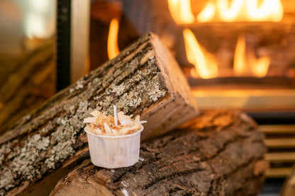 Deliciously Wickt Torcht aspen wood firestarter pod displayed with split wood in front of a fireplace.