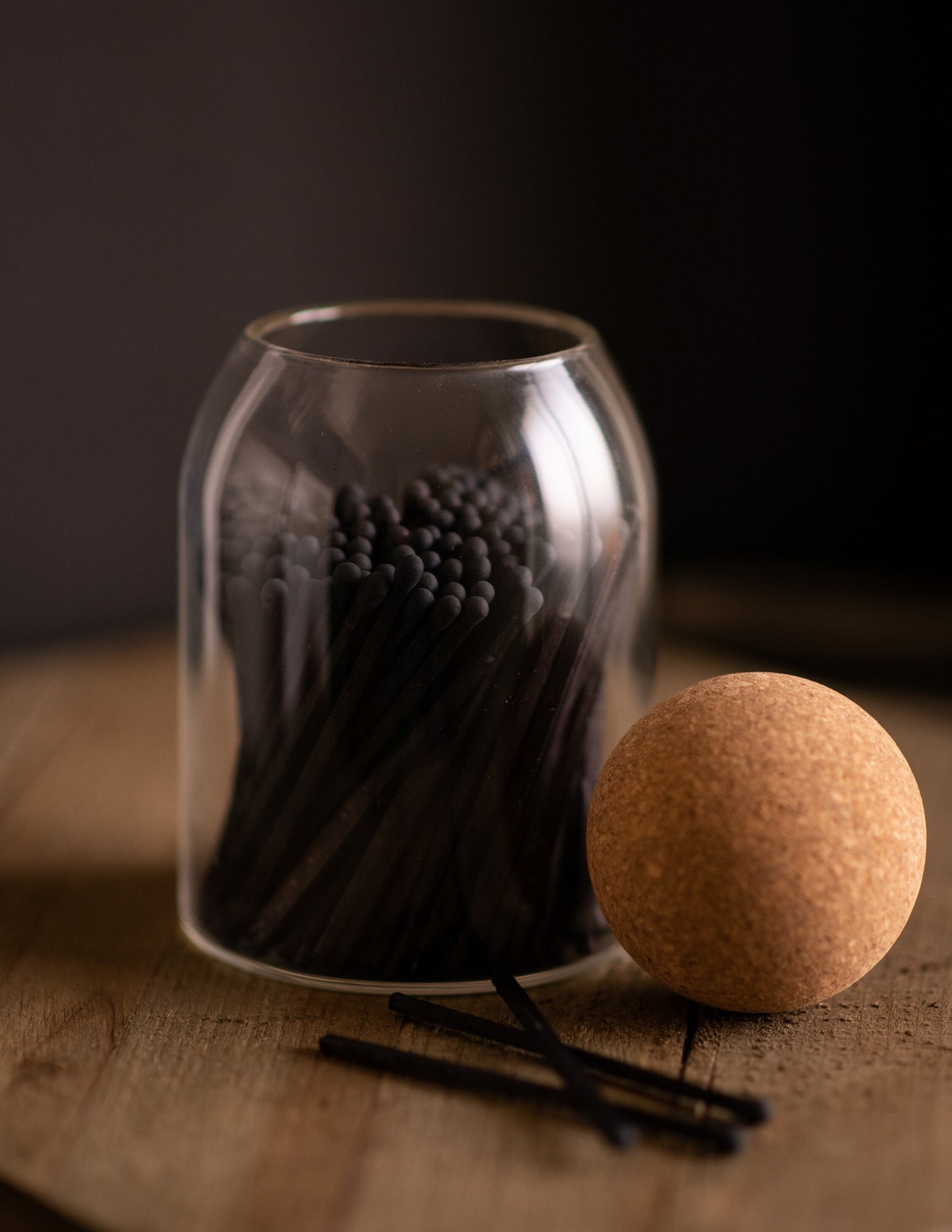 200 All Black Long Matches in Glass Bottle with Round Cork Stopper