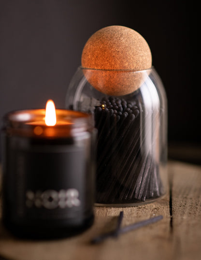 200 All Black Long Matches in Glass Bottle with Round Cork Stopper